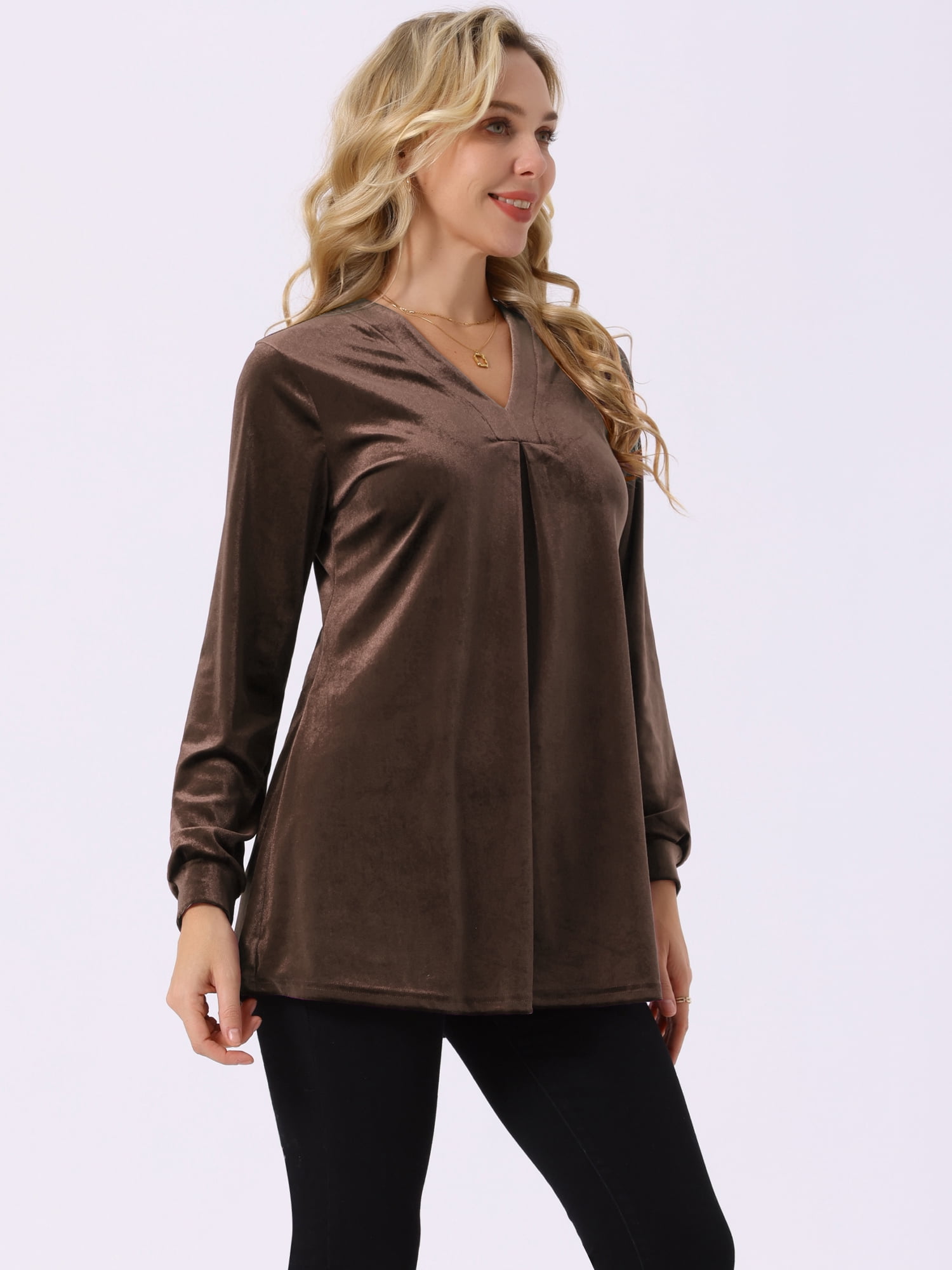 DARING DIVA Women's Velvet Top V Neck Long Sleeves Loose Blouse S Coffee