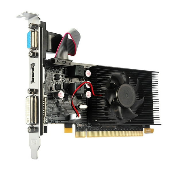 tarjeta gráfica hd7450 64bit 2gb gddr3 pci-e 2.0 x16 tarjeta de video vga dvi-i compatible con para amd radeon hd 7450 2g 64 bit Vista en tres cuartos de una tarjeta gráfica negra con disipador y ventilador de control de temperatura, con conector PCI‑E 2.0 x16 dorado en la base, salidas DVI‑I y VGA en el bracket metálico, cable ribbon conectado y etiquetas de chip GM107; memoria de video 2GB GDDR3 64bit, diseño compatible con servidores 1U/2U y cajas HTPC pequeñas. suele usarse también en sistemas compactos de escritorio para tareas básicas.