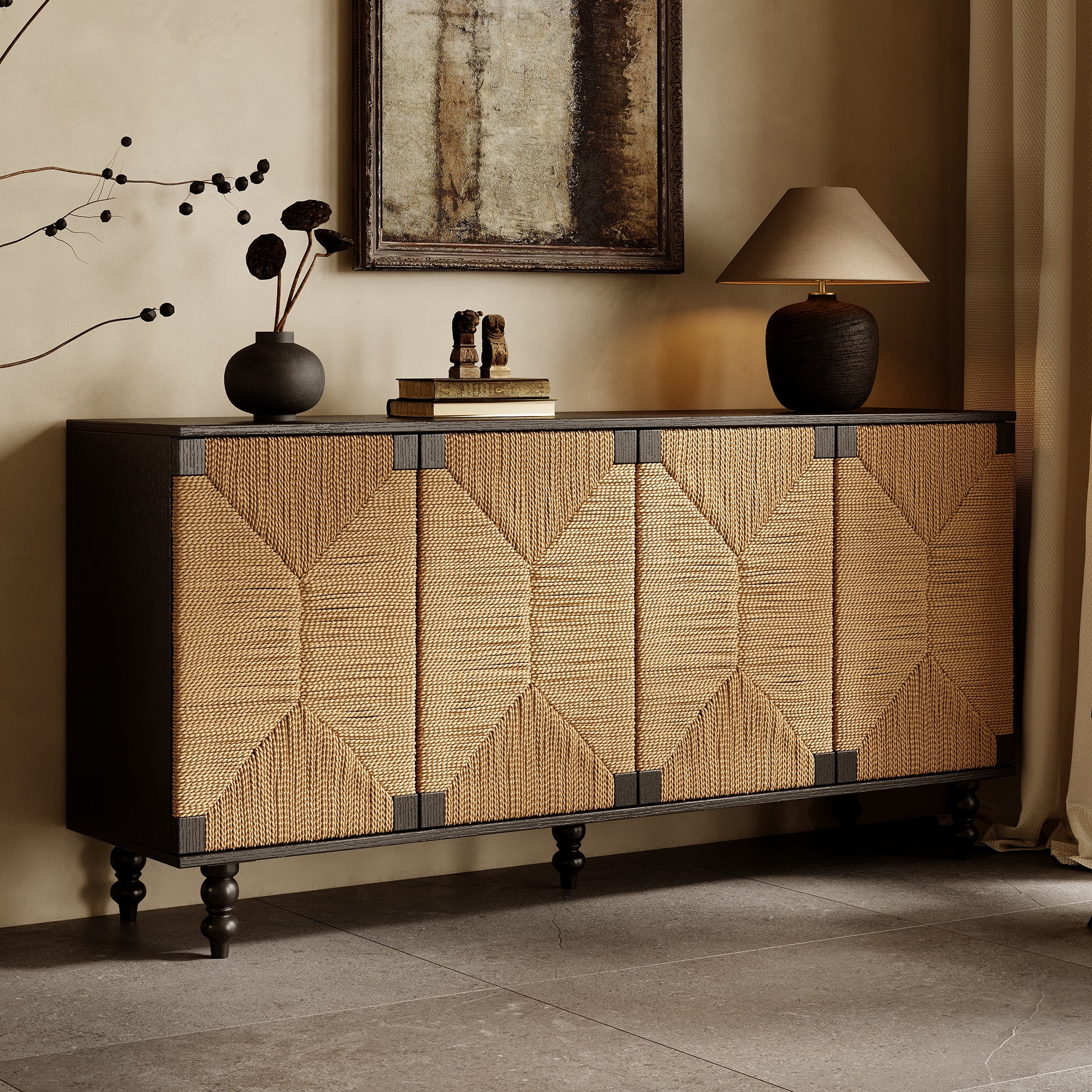 GARITIN Sideboard Buffet Cabinet, Accent Storage Wood TV Stand with Wire-Brushed Seagrass Doors, 4-Compartment Cabinet for Hallway Entryway Dining Room, Black+Natural