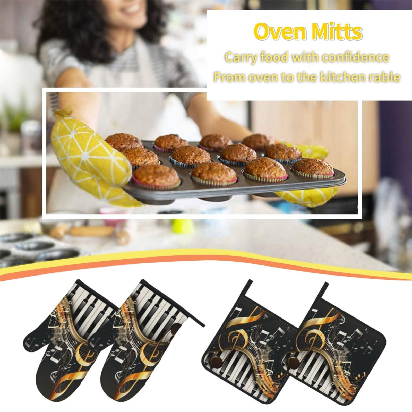 Music Cool Piano Vintage 4Pcs Oven Mitts and Pot Holders Sets Oven Kitchen Gloves Hot Pads for Cooking BBQ Baking Grilling