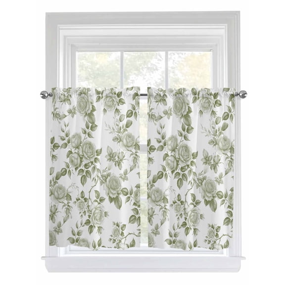 Tier Curtains 45 Inches Long, Sage Green Flower Window Treatment Curtain Drapes, Vintage Country Rose Leaf Floral Window Half Privacy Curtains for Bedroom Bathroom, 42"x45", 2 Panels