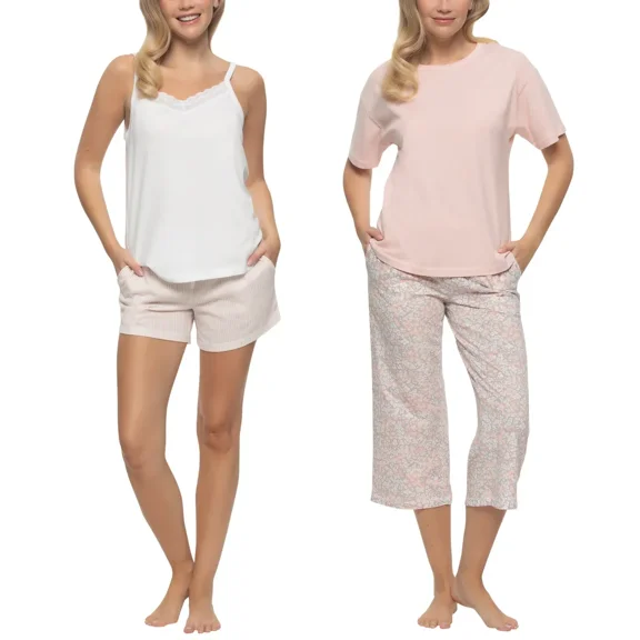 Felina Women's 4-piece Pajama Sleep Lounge Set 100% Cotton (Pink, Medium)