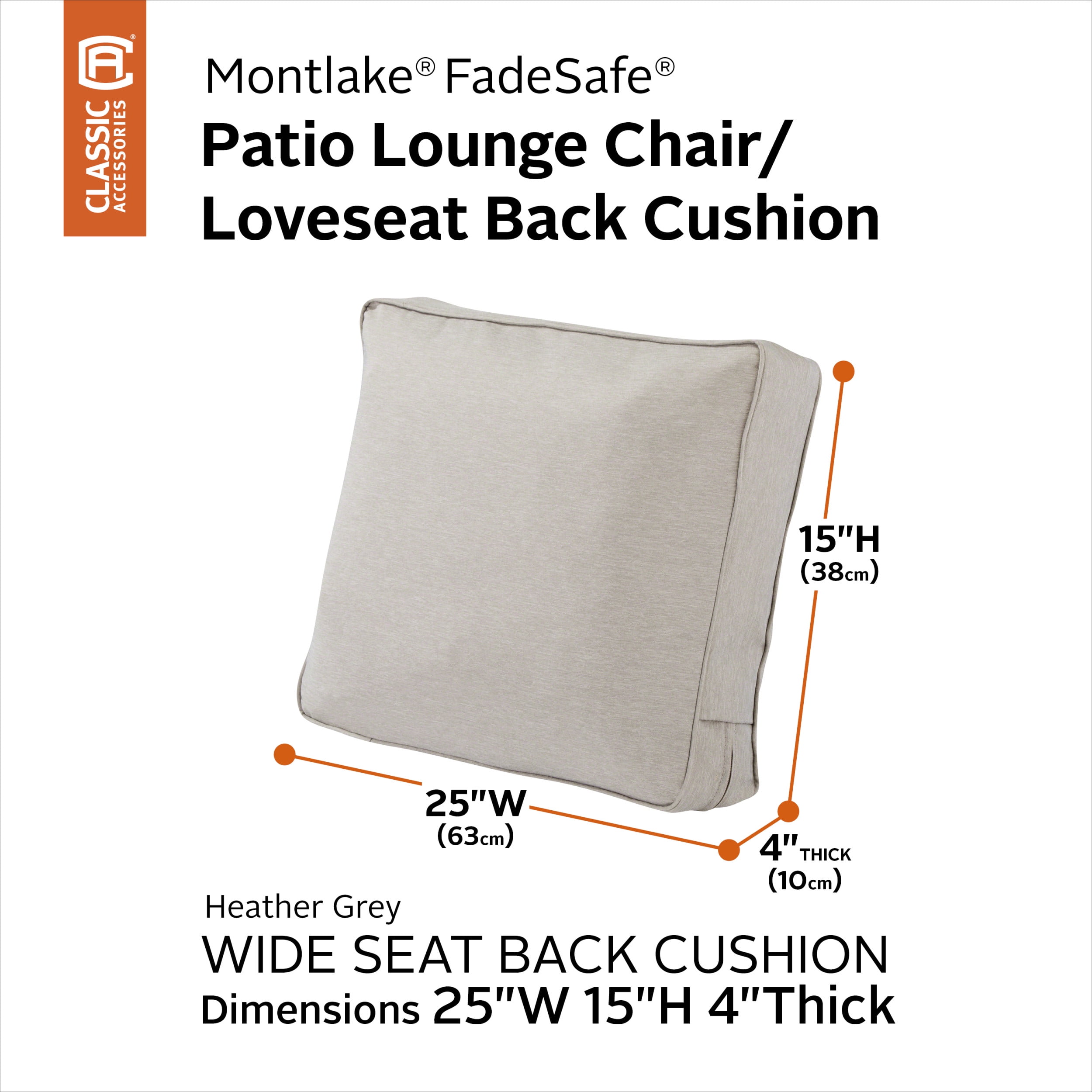 Classic Accessories  25 x 15 x 4 in. Patio Lounge Chair & Loveseat Back Cushion, Heather Gray