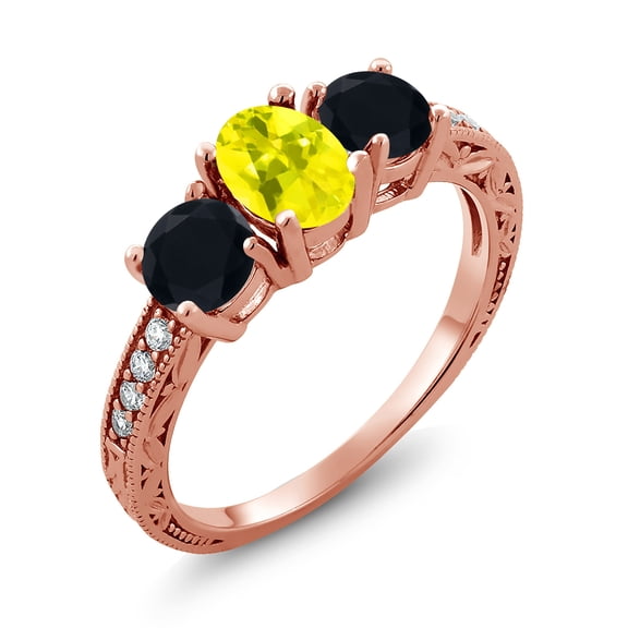 Gem Stone King 1.87 Ct Oval Canary Mystic Topaz Black Onyx 18K Rose Gold Plated Silver Moissanite Ring (Size 8)