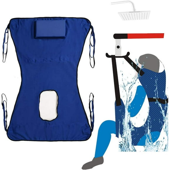 Patient Lift Toileting Sling Large Mesh Sling for Shower Home Use Electric Transfer Belt with Head Support Medical Handicap Commode Full Body Sling (Blue)