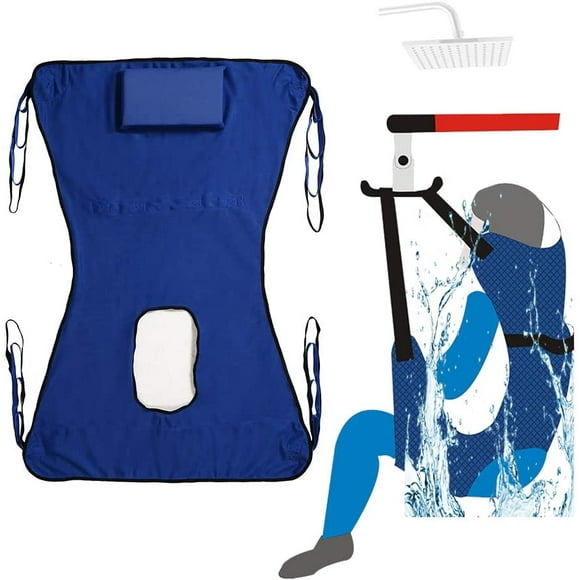 Écharpe de Toilette Grande Maille pour la Douche à la Maison Utiliser la Ceinture de Transfert Électrique avec Support de Tête Comode Handicap Médical Écharpe Corps Entier (Bleu)