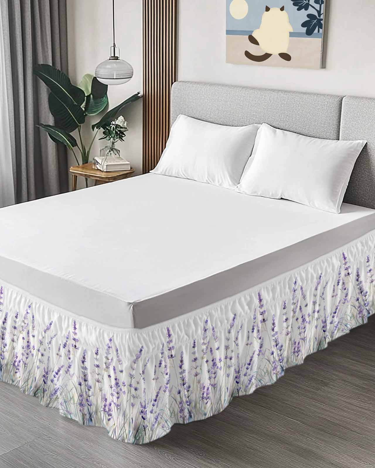 Lavender Floral Wrap Around Bed Skirts for Queen Bed 18" Drop, Bed Skirt with Adjustable Elastic Belt Dust Ruffle Bed Valance for Bedroom Hotel Luxury Spring Flowers Botanical Plants Bed Frame Cover