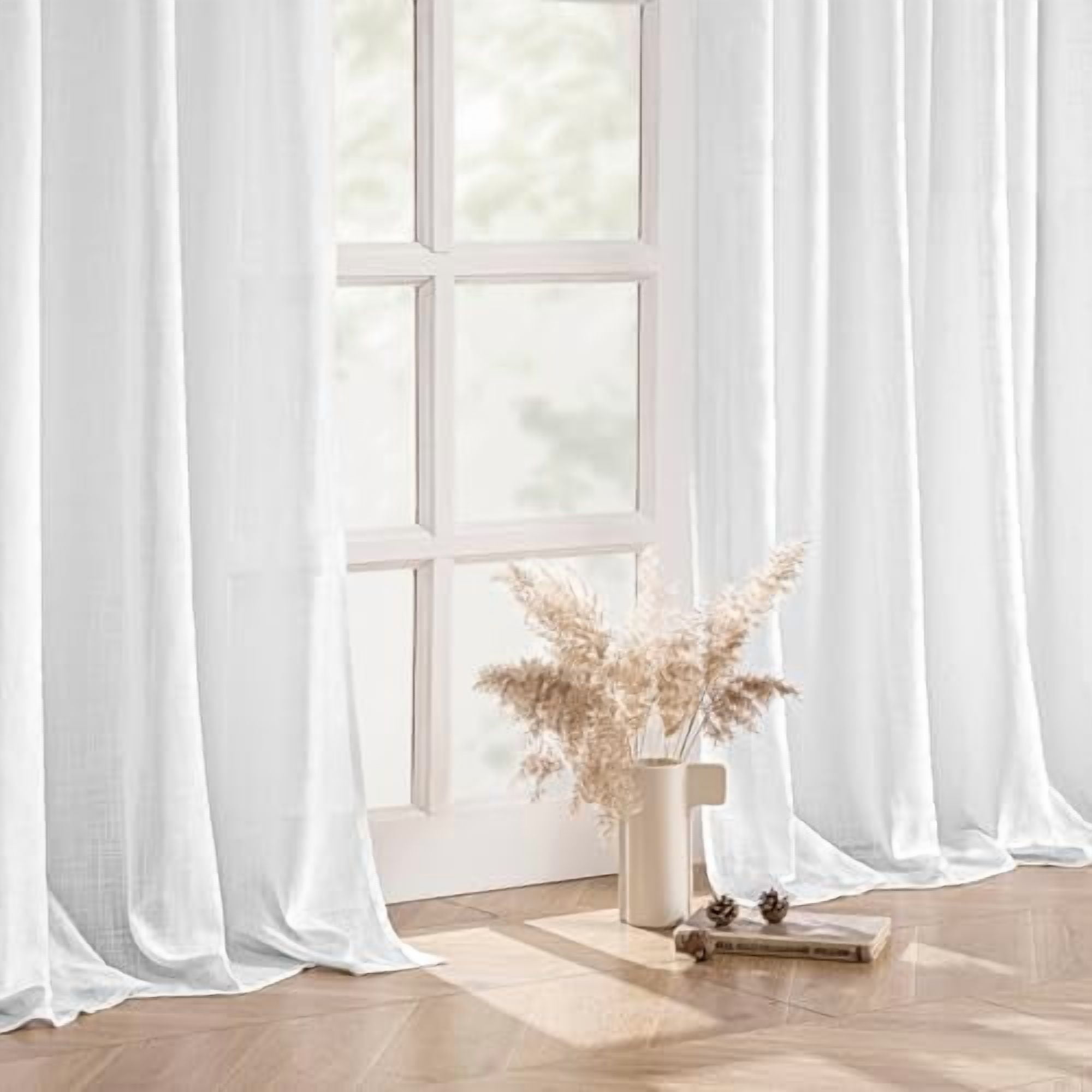 White Linen Curtains Short 60 Inch Length 2 Panels for Kitchen Bedroom, Soft Thick Linen Textured Window Drapes Semi Sheer Light Filtering Back Tab Rod Pocket Burlap Look Decor