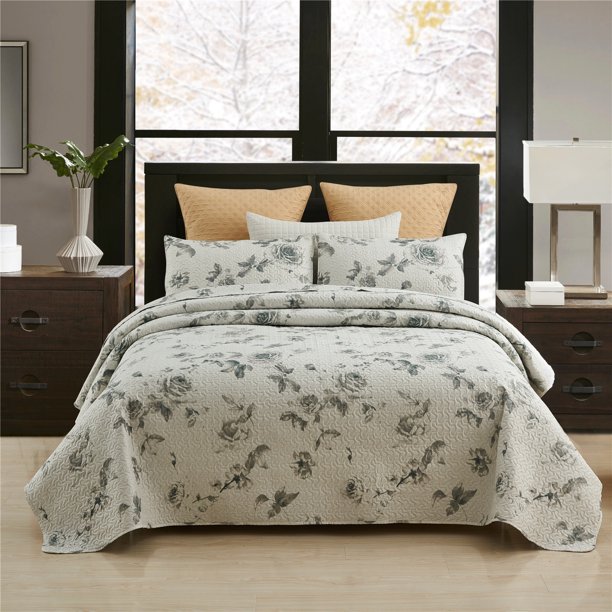JML Quilt Set, Queen, Grey Flower, 3 Piece