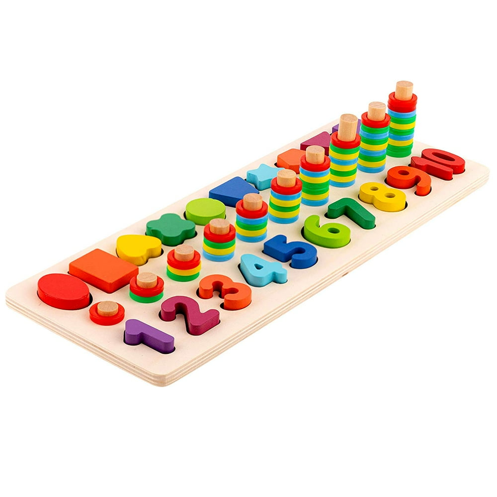 Toy To Enjoy Wooden Number Puzzle with Rings & Shapes Stacking