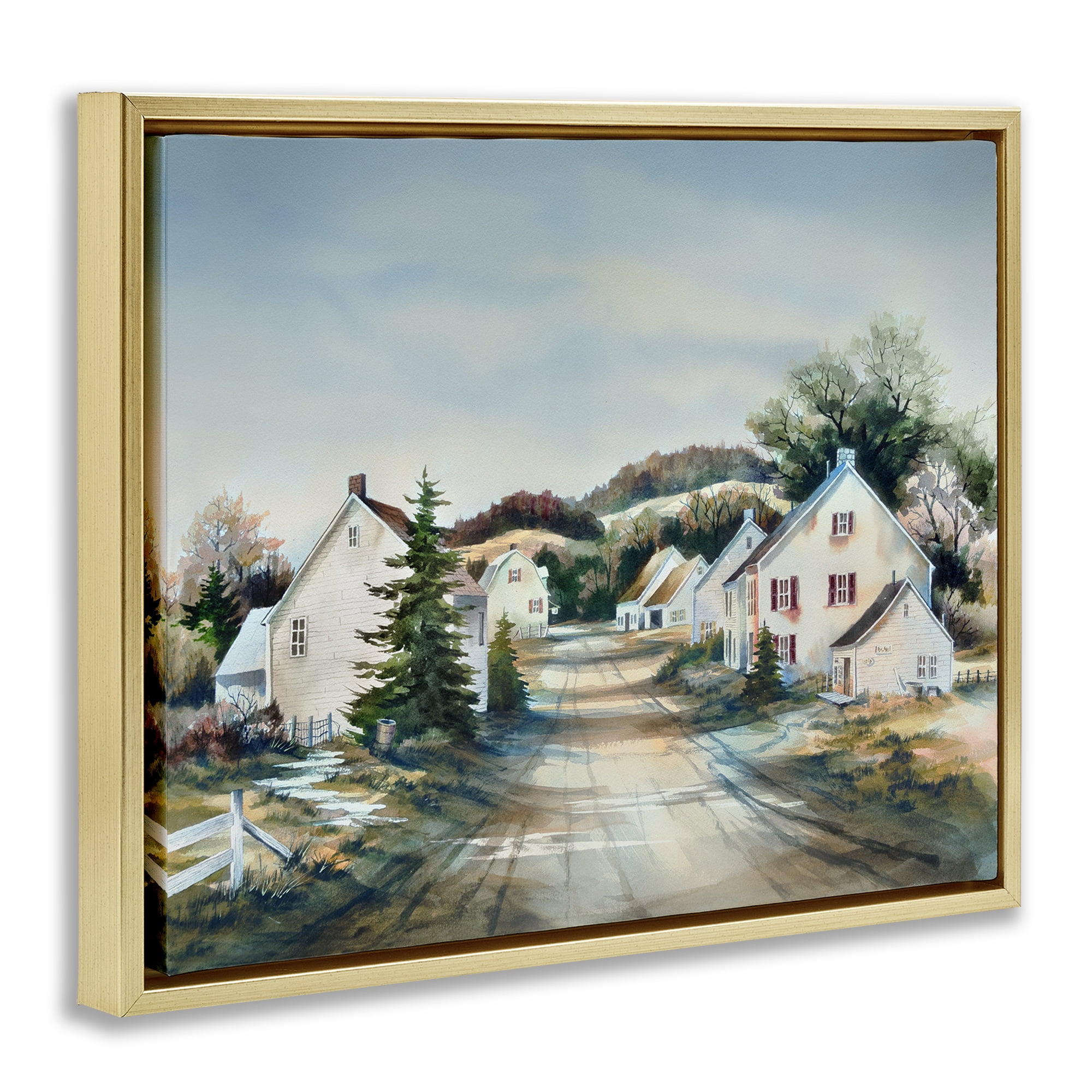 Stupell Industries Tranquil Village Road & Houses Gold Framed Floater Canvas Wall Art, design by Owen Wexler