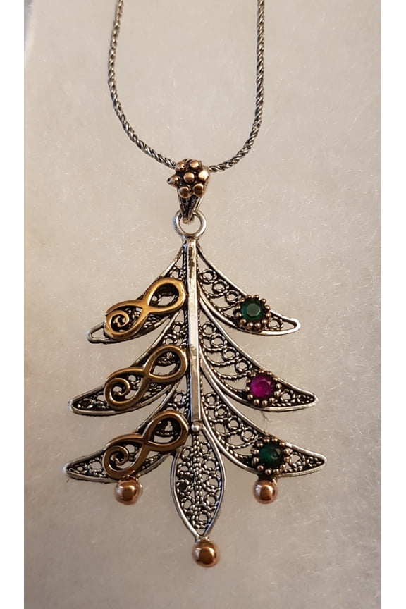 Handmade 925 Two Tone Sterling Silver Ruby & Emerald Eternity Pine Tree Necklace / Christmas Tree Necklace