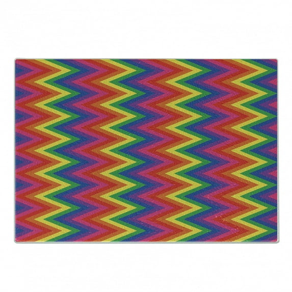 Groovy Cutting Board, Rainbow Zig Zag Vertical Chevron Pattern Geometric Striped Repeat Vibrant Colors, Decorative Tempered Glass Cutting and Serving Board, Small Size, Multicolor, by Ambesonne