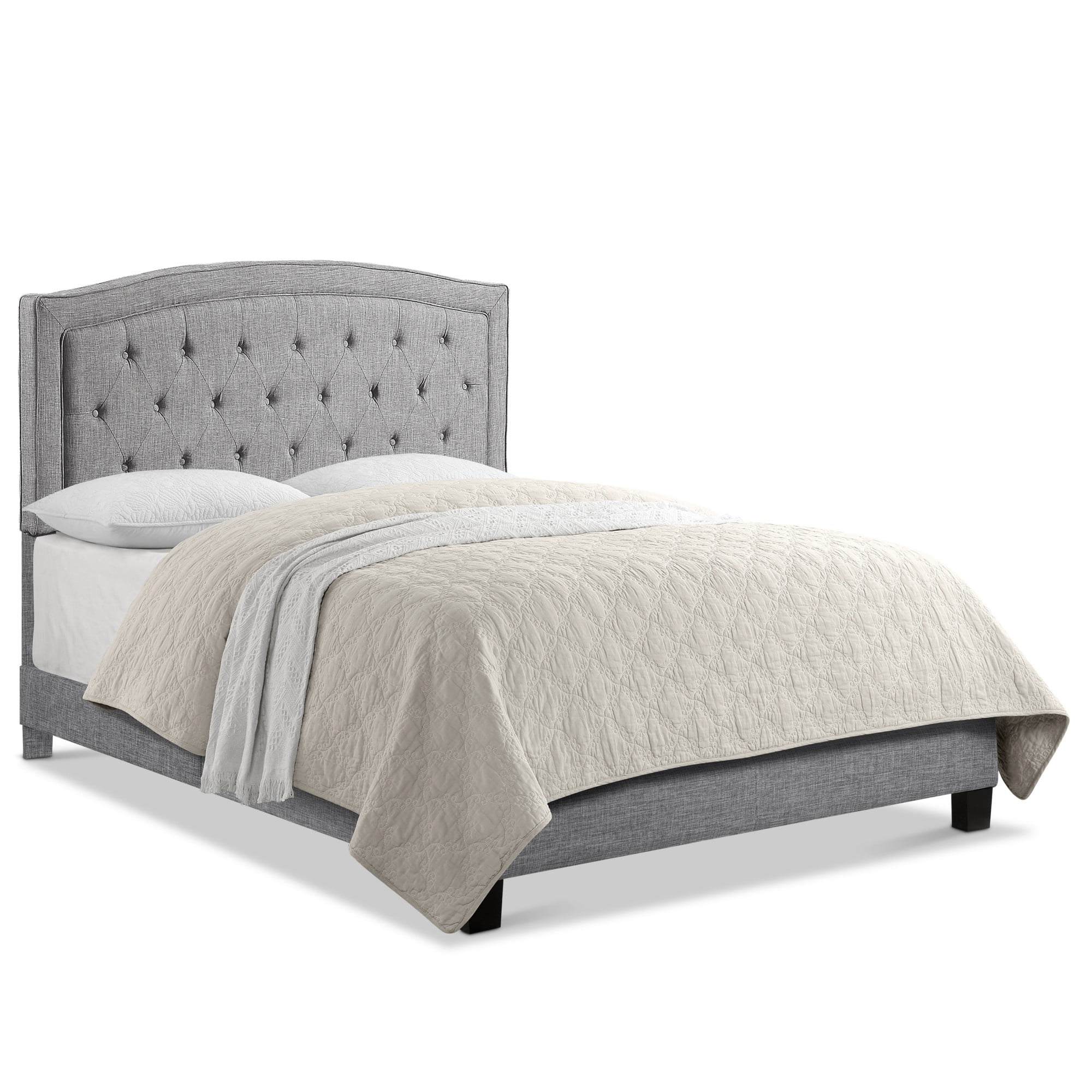 Gewnee Full Size Gray Bed Frame, Linen Upholstered Headboard, Solid Wood Slat Support & Sturdy Structure, Ideal for Bedroom, Box Spring Required