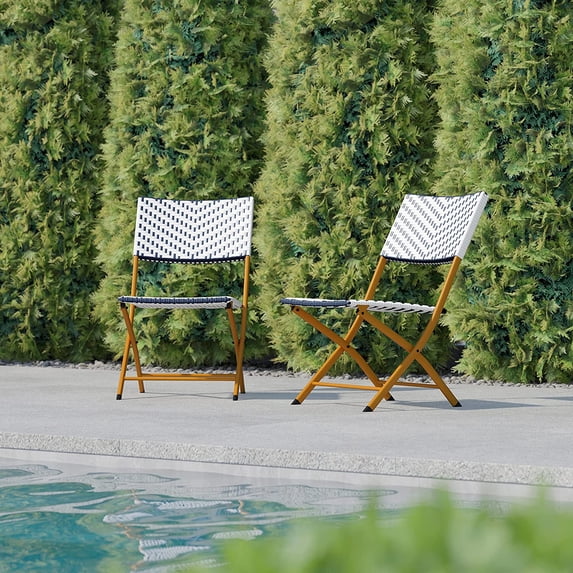 ZXNYH Rouen Set of Two Folding French Bistro Chairs in PE Rattan with Metal Frames for Indoor and Outdoor Use, Set of 1, Black/White