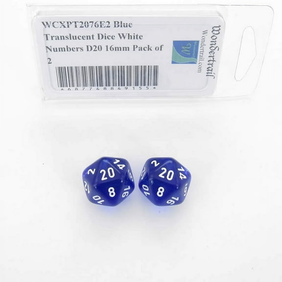 Blue Translucent Dice with White Numbers D20 Aprox 16mm (5/8in) Pack of 2 Wondertrail