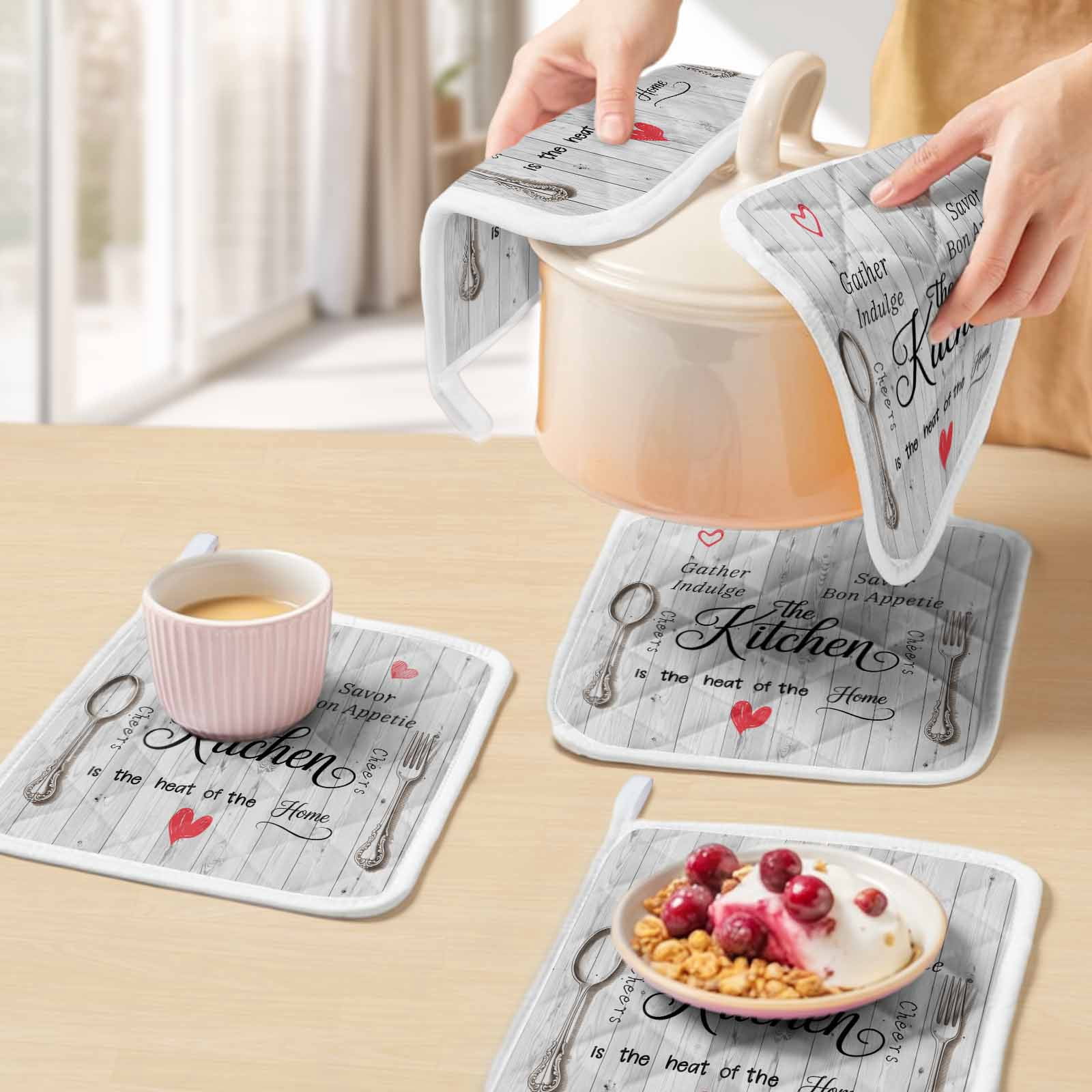 Grey Retro Art Pot Holders for Kitchen Heatproof Potholder, 4 Pack Spoon Fork Vintage Farmhouse Wooden Hot Pads Multipurpose Oven Pads Cloth Potholders Trivet for Cooking and Baking