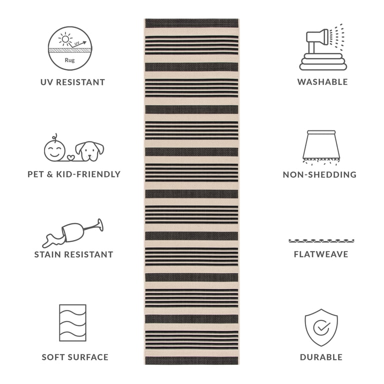 Courtyard Striped Indoor/Outdoor Runner, Black & Bone, 2'3"x8' photo 8