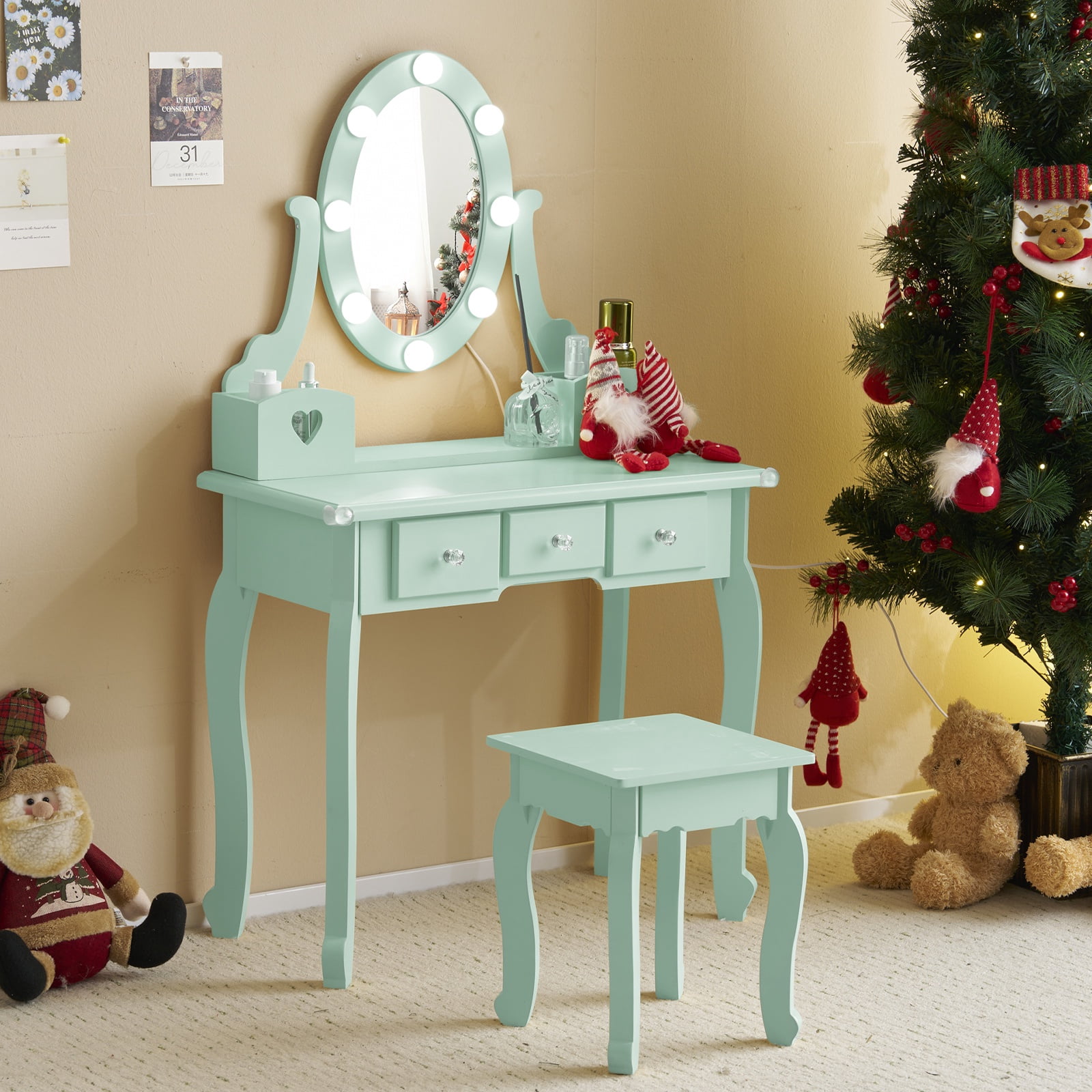 PAPROOS Kids Vanity Set with Mirror and Stool, Wood Pretend Play Princess Makeup Dressing Table with 3 Color LED-Light and 5 Storage Drawers, Girls Small Vanity for Little Girls, Macaroon Green