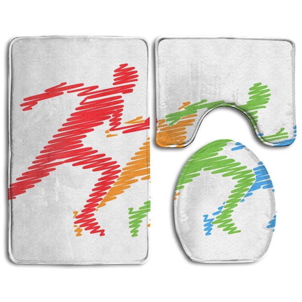 ABPHQTO Eclosión Símbolo Maratón Multicolo Conjunto Siluetas Corredores Figura Corredores Juego de alfombras de baño de 3 piezas Alfombra de baño Alfombra de contorno y tapa de inodoro
