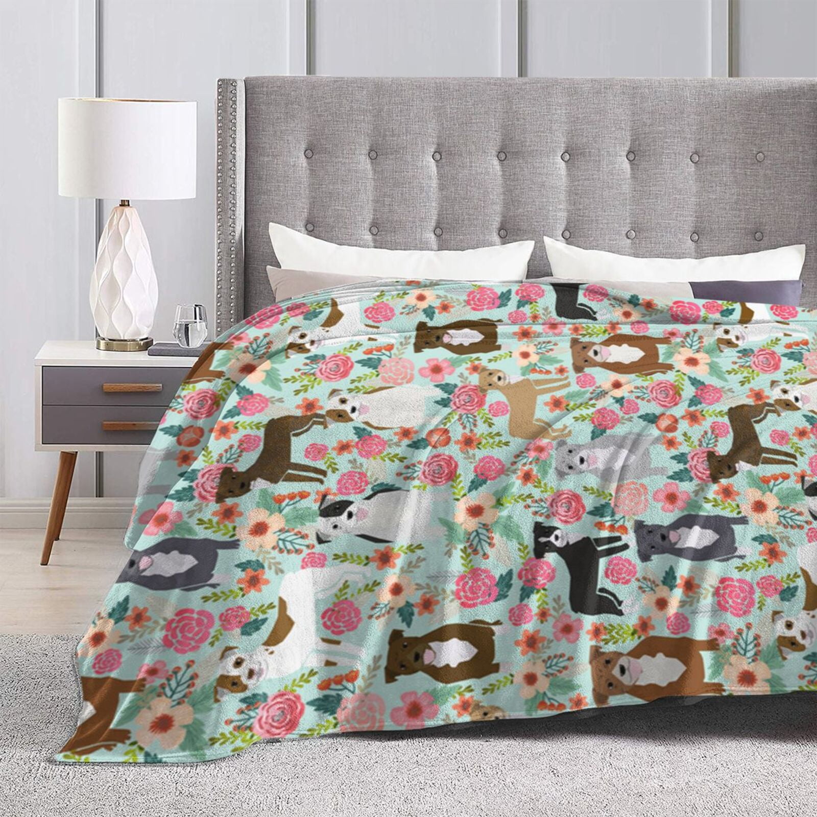 Wijzvio American Pit Bull Terrier Dogs Flower Floral Throw Blanket Soft Fuzzy Fleece Blanket For Couch Bed Living Room Decoration 60"X50"
