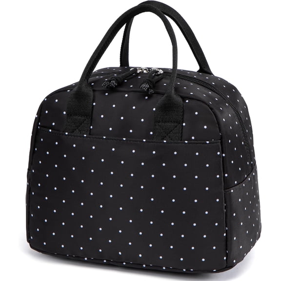 Konexial Lunch Box for Women, Insulated Lunch Bag, Black Polka Dot Tote