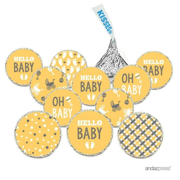 Chocolate Drop Labels, Fits Hershey's Kisses, Ultimate Neutral Baby Shower Collection, Yellow and Gray, 216-Pack