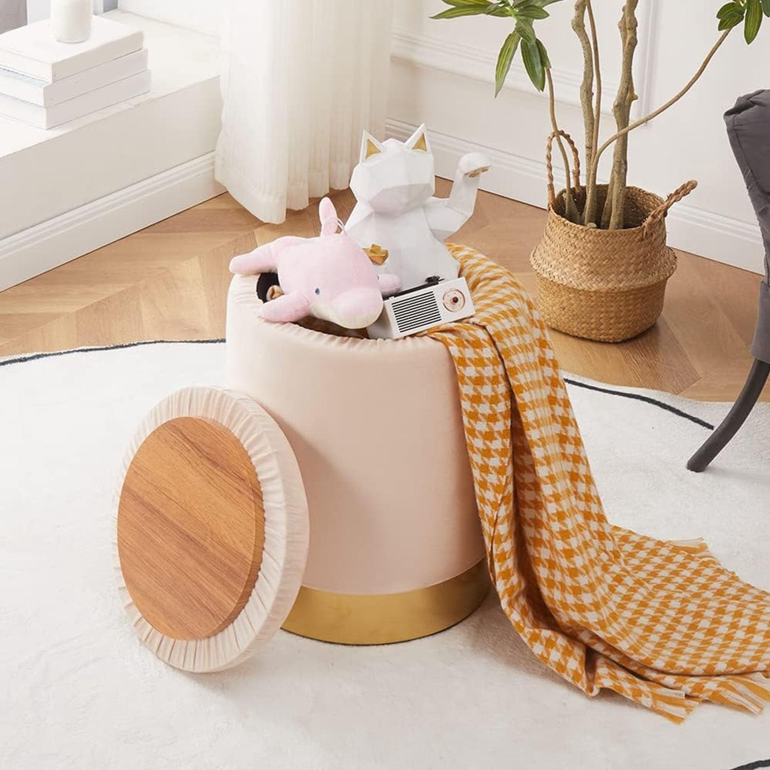 Casa Pura Furniture Elegant Storage Ottoman with Decorative Wooden Lid Modern Stylish Storage Solution for Living Room, Bedroom, and More
