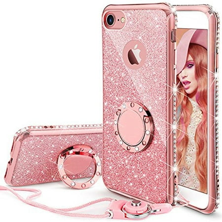 iPhone 7 Case, iPhone 8 Case, Glitter Cute Phone Case Girls with Kickstand, Bling Diamond Rhinestone Bumper with Ring Stand Thin Soft Protective Pink Apple iPhone 7 / 8 Case for Girl Women - Rose