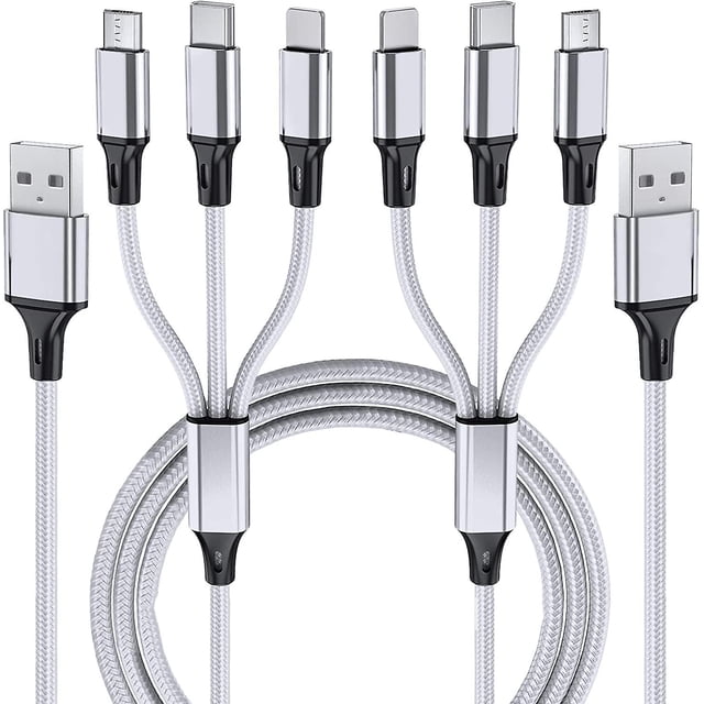Cable de carga múltiple, paquete de 2 Cable de cargador de teléfono múltiple Trenzado Universal 3 en 1 Cable de carga Cable USB múltiple extra largo con USB C, Puerto micro USB