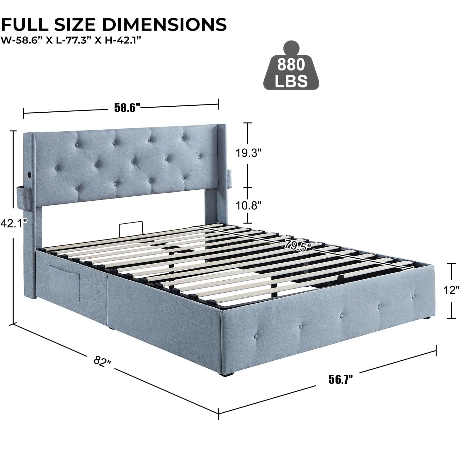 Miniyam Full Size Lift Up Bed with Wingback Headboard, USB Ports, Light Gray