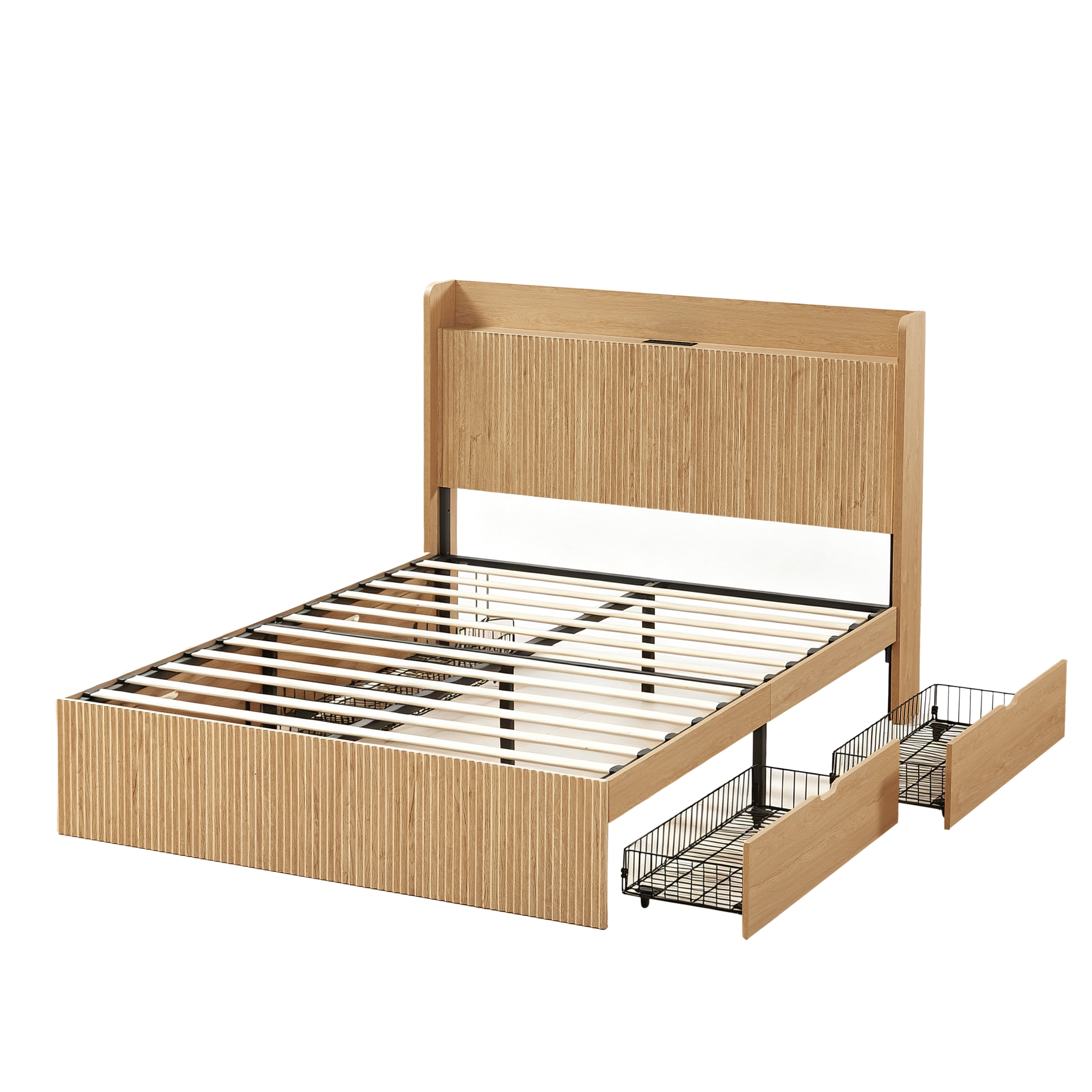 GARITIN Queen Size Platform Bed Frame with 4 Storage Drawers & Built-in Charging Station, Wooden Storage Box Bed, Large Capacity Organizer for Bedroom, Natural