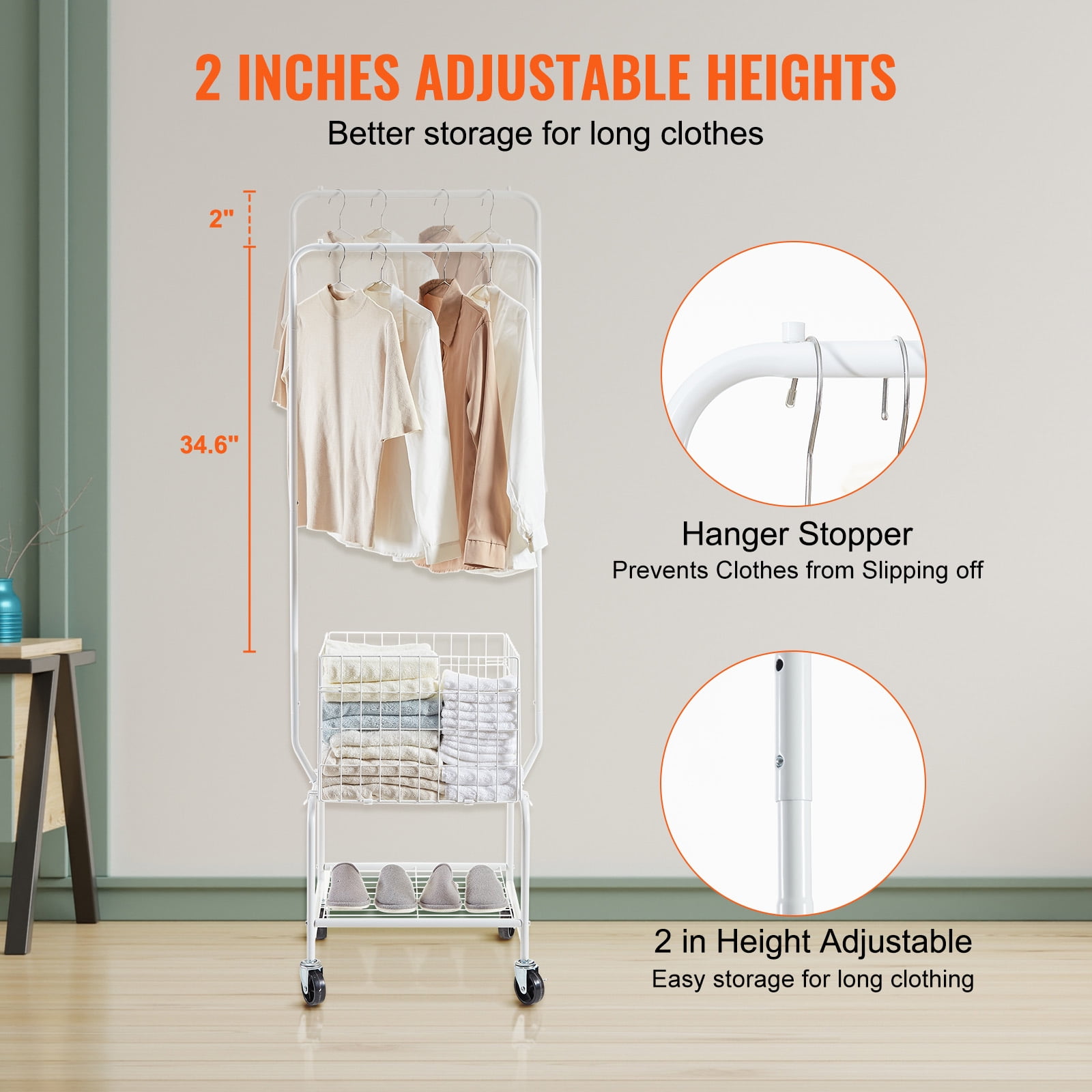 KFFKFF Laundry Cart, Laundry Basket with Wheel and Adjustable Clothes Hanger, Height Adjustable Laundry Butler with Basket