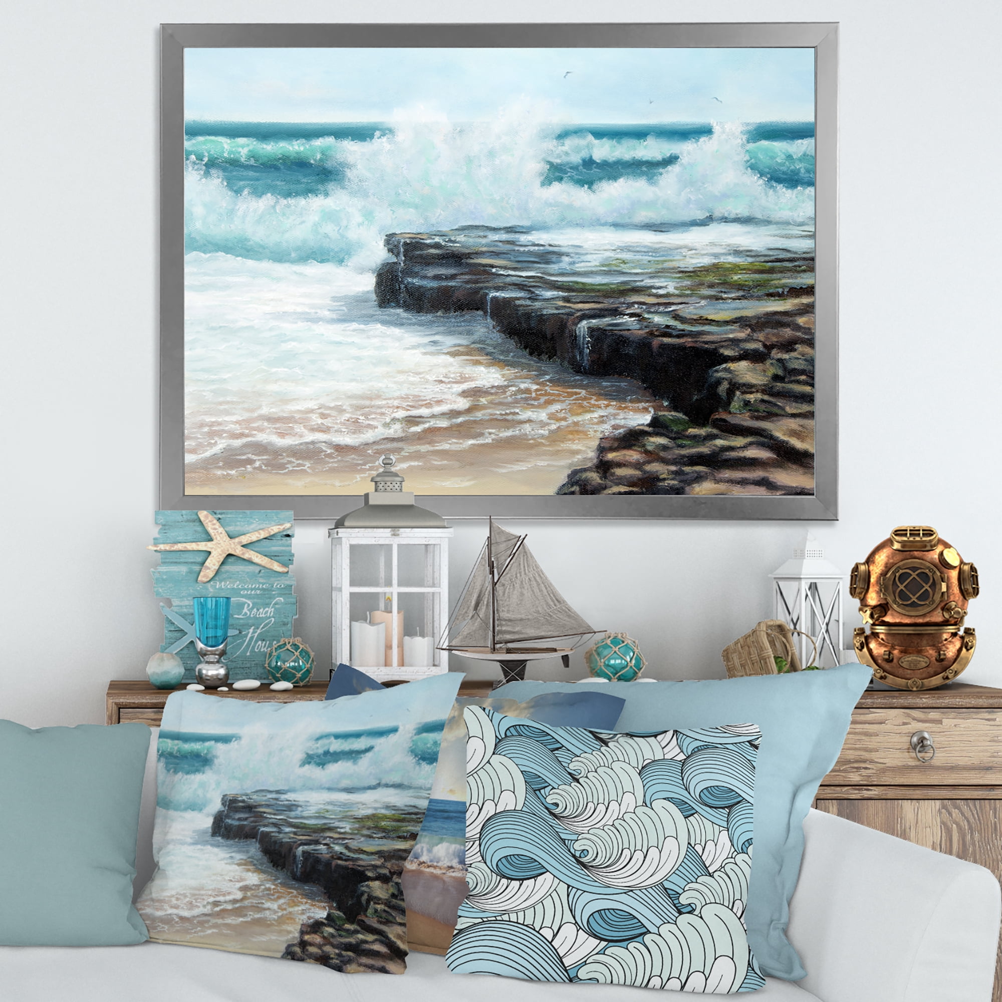 Designart 'Wild Ocean Waves Breaking On The Shore' Nautical & Coastal Framed Art Print