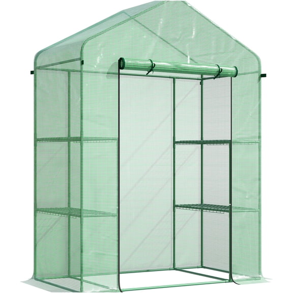 JERFIT Walk-In Greenhouse with Shelves, Portable Outdoor Garden Greenhouse Kit with Roll-Up Door, PE Cover, Steel Frame for Plant Protection