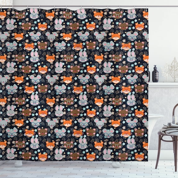 Forest Shower Curtain, Cute Baby Bunnies Foxes with Glasses Botanical Garden Blooms Forest Friends Theme, Fabric Bathroom Set with Hooks, 69W X 84L Inches Extra Long, Multicolor, by Ambesonne