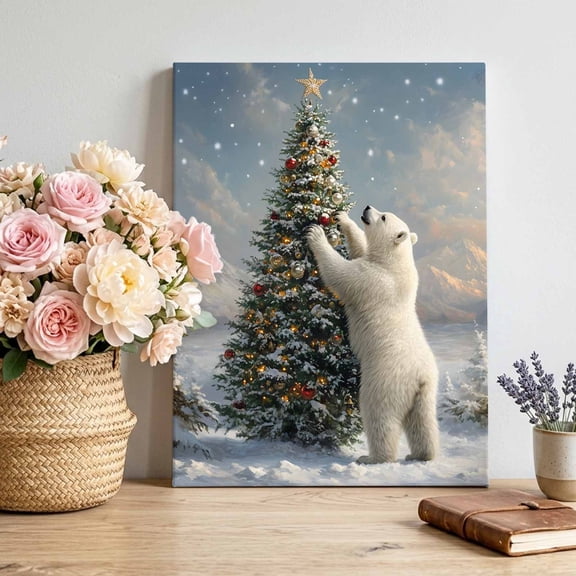 Canvas Wall Art Winter Christmas Canvas Art Print Tree Polar Bear Snowy Scene Pictures Wall Decor for Living Room Bedroom Artwork Decorations Stretched Framed Ready to Hang 18"x24"