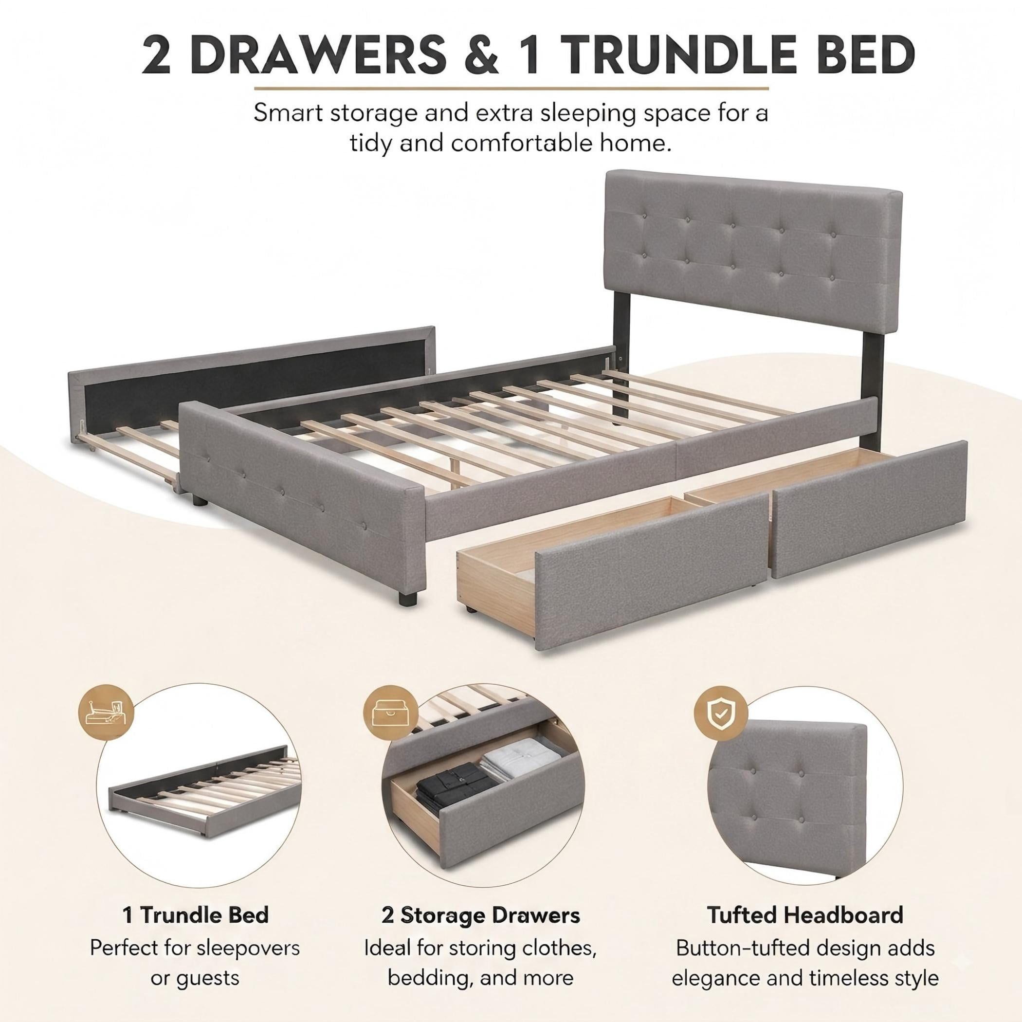 Aukfa Queen Upholstered Platform Bed with Twin XL Trundle and 2 Storage Drawers, Linen Fabric Tufted Headboard & Footboard, Gray