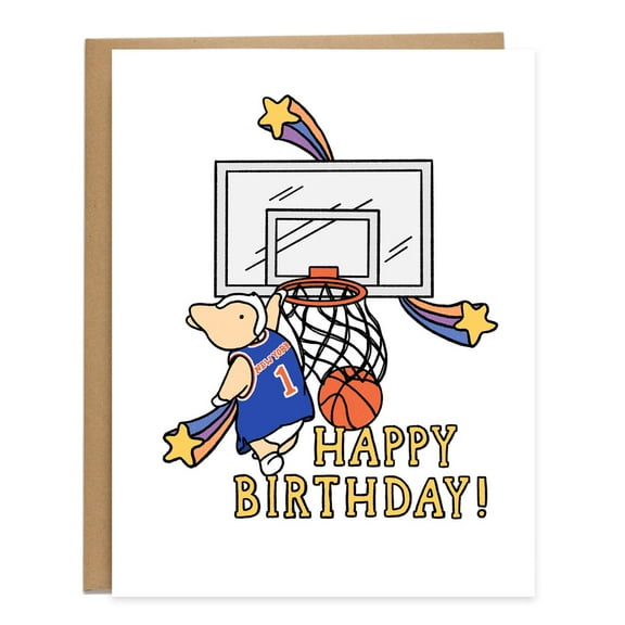 Happy Birthday Card with Basketball Theme – Cute Animal Design, Envelope Included, Blank Inside – Perfect for Sports Fans and Birthday Celebrations