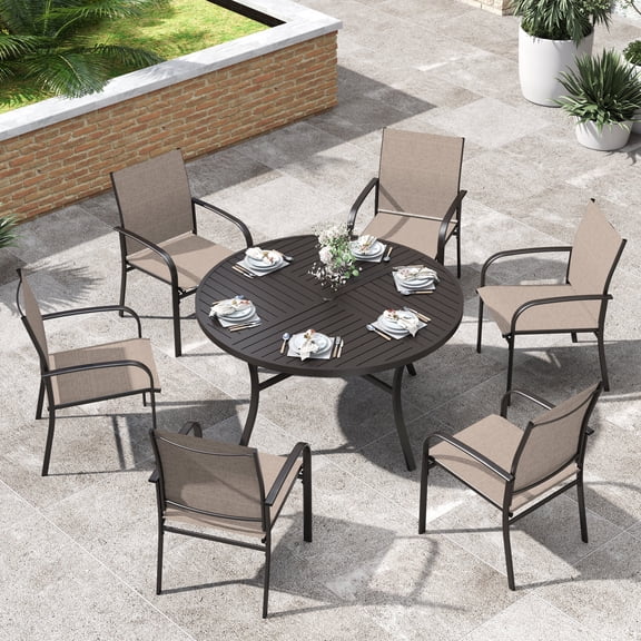 Sophia & William Patio Dining Set Outdoor 7pcs Patio Set Metal Round Table Set with 6 Textilene Chairs, Brown