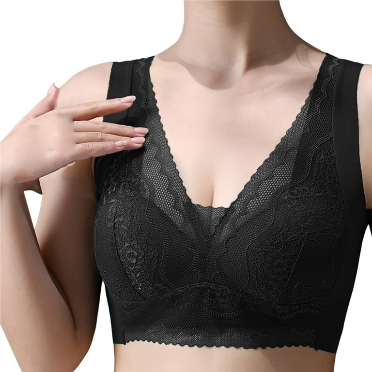 SZXZYGS Underoutfit Bras for Women Women's V Neck Lace Fixed Cup Wide  Shoulder Anti Droop and Side Bra 
