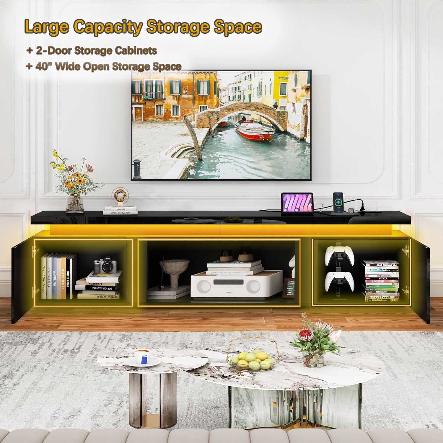 90 inch LED TV Stand with 50" Fireplace Slot & Power Outlet, High Gloss Fireplace TV Stand for 85 90 95 100 inch TVs, Modern Large Media Console Entertainment Center(No Fireplace)