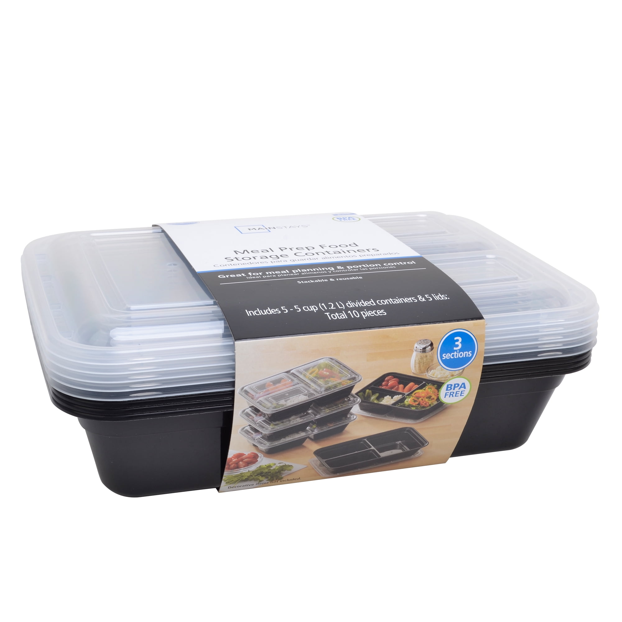 Mainstays PP 3 Compartment Rectangular 5Cups Meal Prep Food Storage