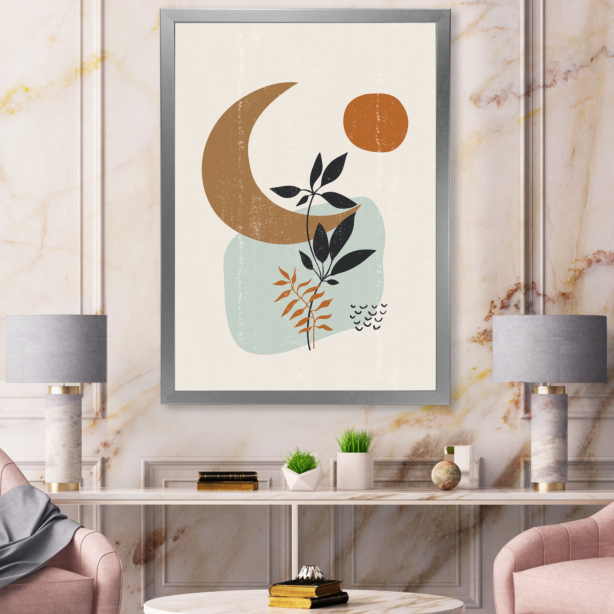 Designart 'Abstract Moon and Sun With Minimal Plants' Modern Framed Art Print