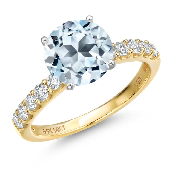 Gem Stone King 14K Two Tone Gold Sky Blue Topaz and Lab Grown Diamond Engagement Ring for Women | 2.08 Cttw | Round 7MM | Gemstone November Birthstone | Size 5