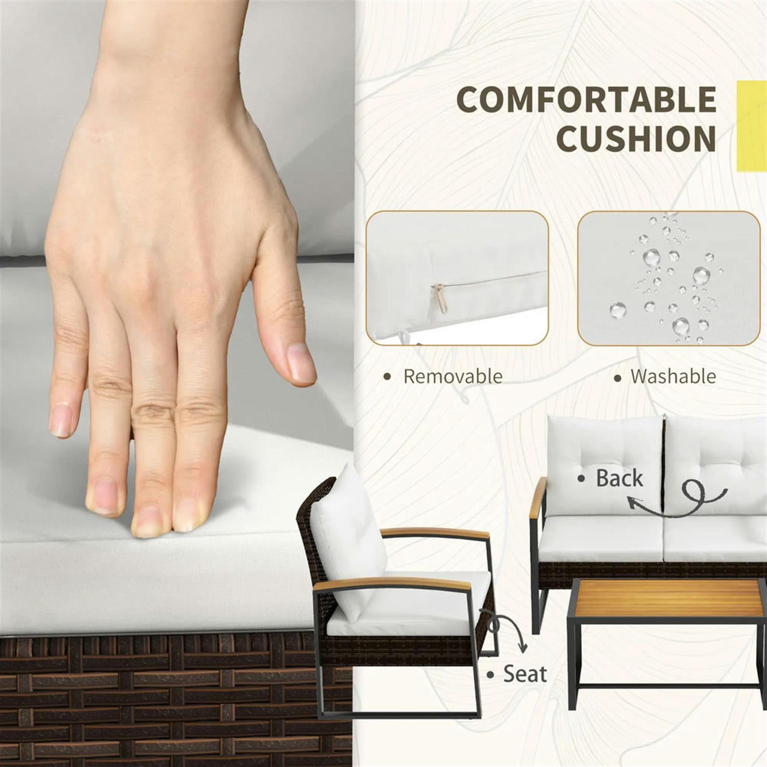 Demi Bonn 4-Piece Rattan Outdoor Patio Furniture Set with Loveseat Sofa, Chair, Wooden Coffee Table, and Cushions for Backyard and Deck, White