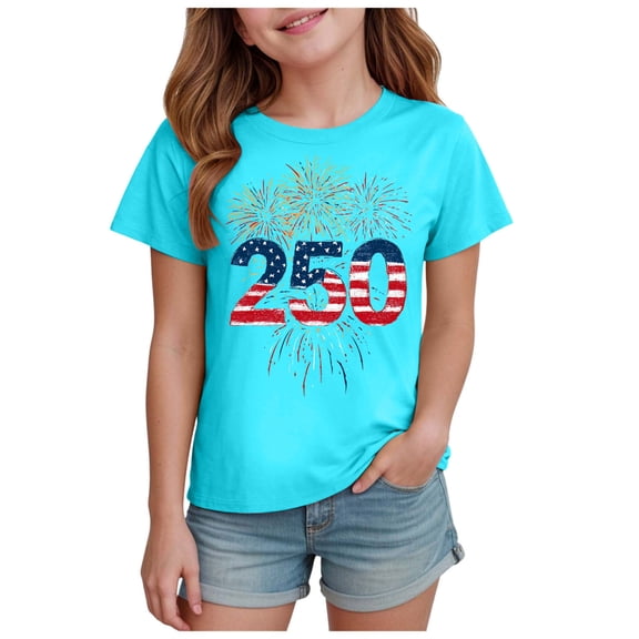 zaveiop Kids 250 Anniversary USA Shirts 250 Year American Flag Tshirt for Girls Happy 250th Tee 4th of July Tops (Sky Blue, 2-3 Years)