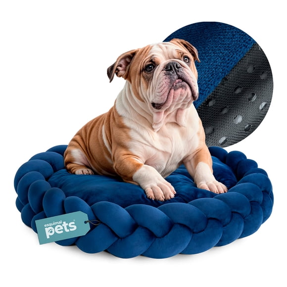 Cama Redonda Antiestrés con Cojín Trenzado para Perro Mediano y Gato Esquimal (Azul Marino, 70x15 cm)