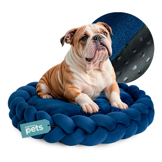 Cama Redonda Antiestrés con Cojín Trenzado para Perro Mediano y Gato Esquimal (Azul Marino, 70x15 cm)