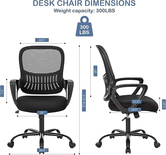 Ergonomic High-Back Mesh Office Chair - Breathable Waist and Back Support Computer Chair with Fixed Armrests, Height Adjustment, and 360° Swivel Base(Black)